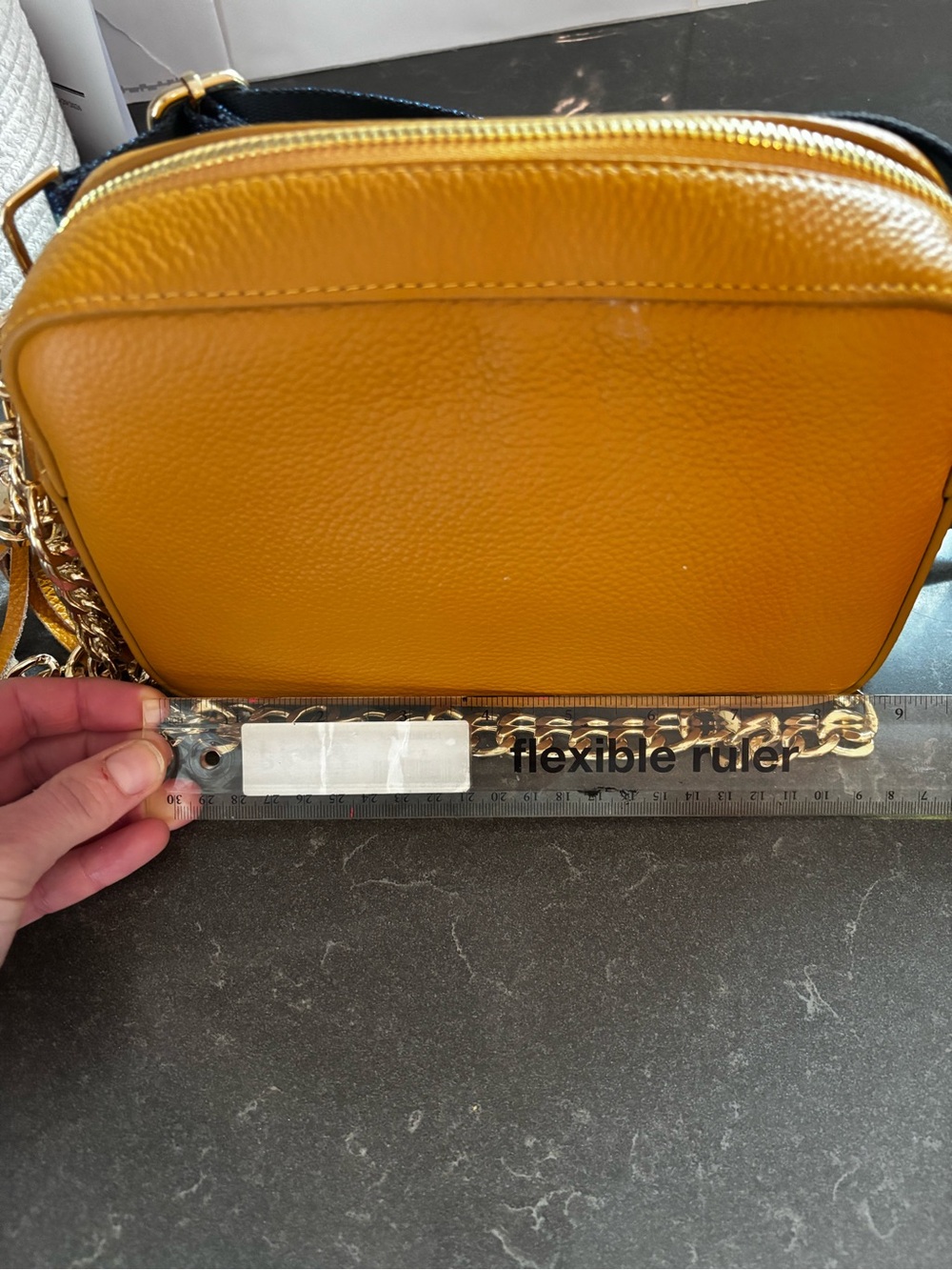 Compact Mustard Yellow Pebbled Leather Crossbody Bag with Gold Hardware - Picture 7 of 9
